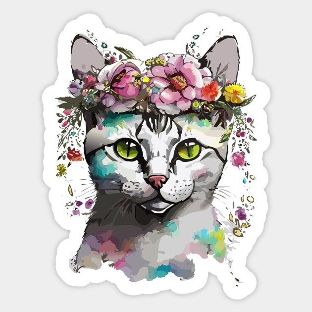 Floral Portrait of a Silver Tabby Cat Sticker by DestructoKitty